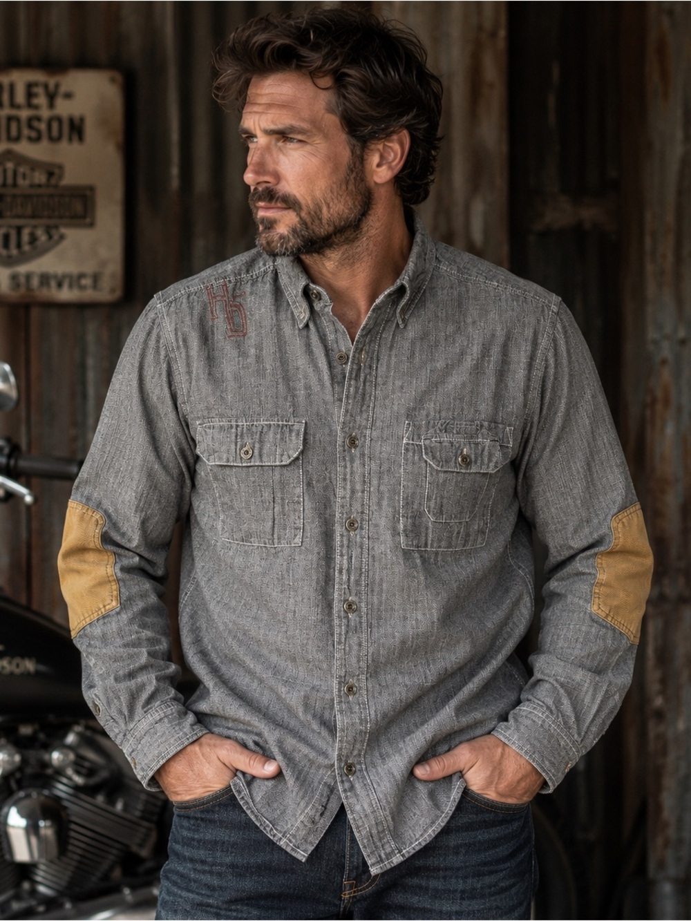 Harley Davidson MotorClothes Shirt Mens L Chambray Elbow Patch Workwear 2015